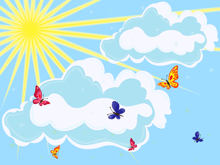 Sky with sun, clouds and butterflies on foreground  Hand drawing vector illustrationのイラスト素材
