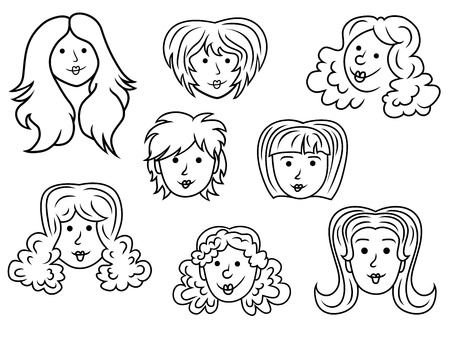 Set with eight funny women contour faces over white, hand drawing cartoon vector illustrationのイラスト素材