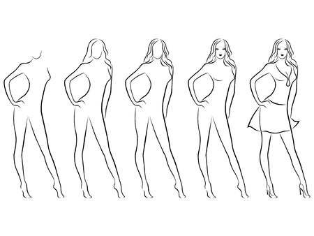 Sequence of hand drawing creation a beautiful female vector contour with five steps. Model of each stage can be used as a self-contained imageのイラスト素材