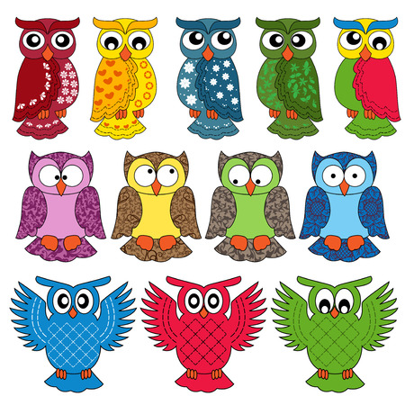 Set of eleven colourful vector owls isolated on white backgroundのイラスト素材