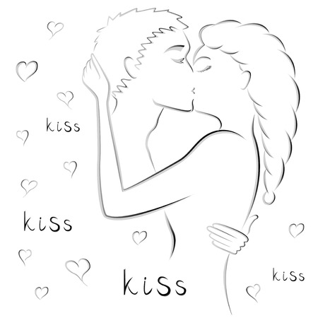 Abstract gradient contour of young couple kissing, hand drawing artworkのイラスト素材