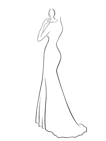 Abstract woman contour in a long gown, hand drawing vector illustrationのイラスト素材