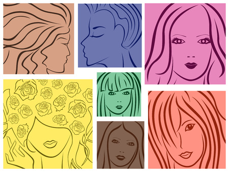 Set of seven abstract colored sketching portraits of young women, vector illustrationのイラスト素材