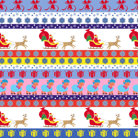 Christmas and New Year striped seamless vector pattern with Santa, reindeer, sheep and ornate elementsのイラスト素材