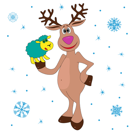 Christmas Reindeer holding a small sheep, hand drawing cartoon vector illustrationのイラスト素材