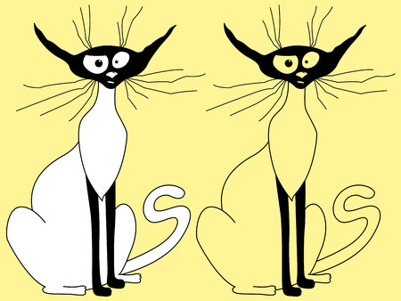 Two caricature cats are sitting, sketching vector illustrationのイラスト素材