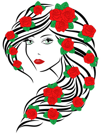 Beautiful fashionable young women portrait with red roses on hair over whiteのイラスト素材
