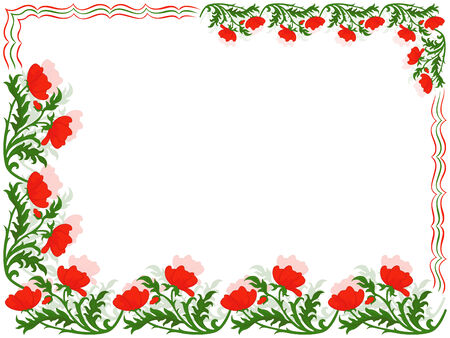 Greeting card with placed around the perimeter a floral ornament with red poppies and colourful lines, hand drawing vector illustrationのイラスト素材