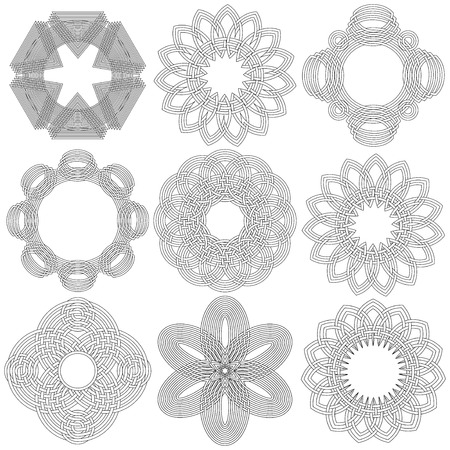 Set of nine abstract vector ornamental black circular stencils on a white backgroundのイラスト素材