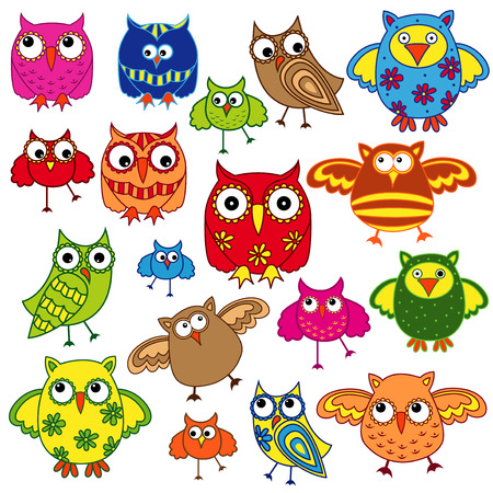 Set of eighty colourful vector owls isolated on white backgroundのイラスト素材