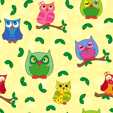 Seamless vector pattern with colorful ornamental owls on a light yellow backgroundのイラスト素材