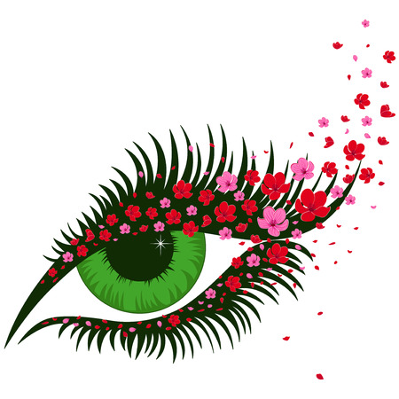Female green eye with small pink flowers of sakura, hand drawing vector illustrationのイラスト素材