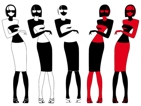 Abstract elegant woman in glasses, five hand drawing vector silhouettesのイラスト素材