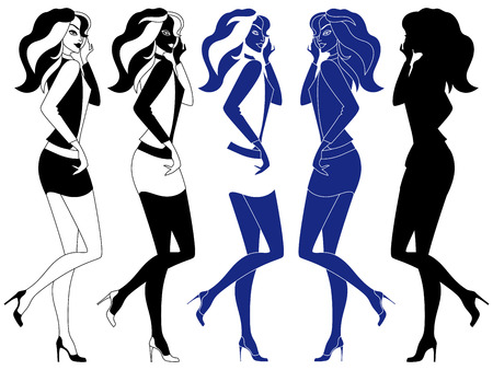 Beautiful young girl with luxurious hair in a short skirt, vector artwork in five variants of embodimentのイラスト素材