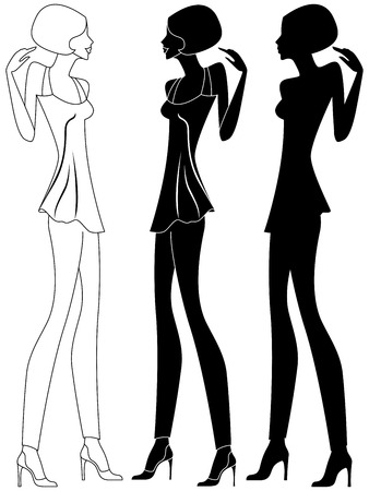 Abstract slim girl in shoes with high heels, vector artwork in three various embodimentsのイラスト素材