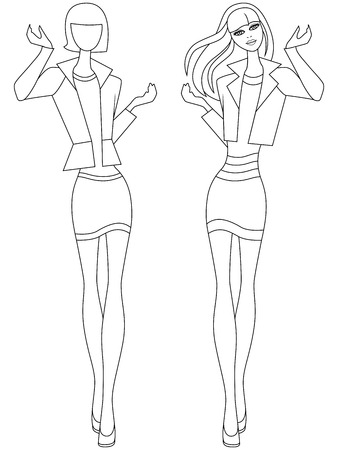 Abstract slim girl in short skirt, vector outline with the more and less detailed embodimentsのイラスト素材
