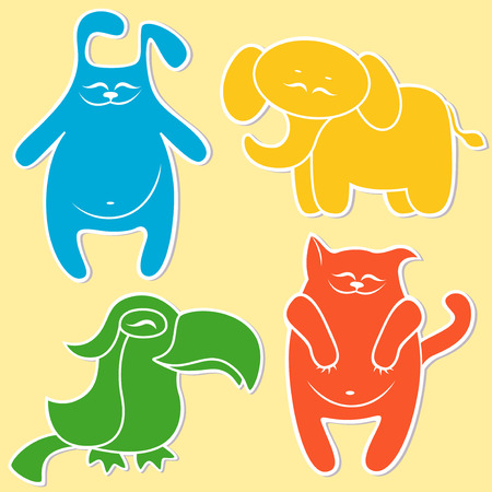 Cat, rabbit, elephant and parrot on light yellow background, cartoon vector illustrationのイラスト素材