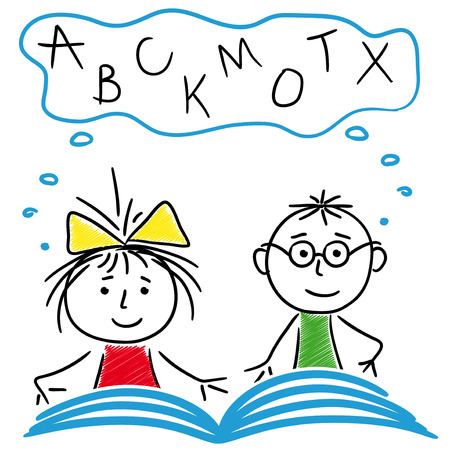 Schoolboy and schoolgirl reading a book together, cartoon sketching vector illustrationのイラスト素材
