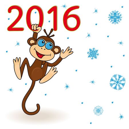 Monkey - the symbol of 2016 holds for the inscription 2016 and hangs on it, hand drawing cartoon vector artworkのイラスト素材