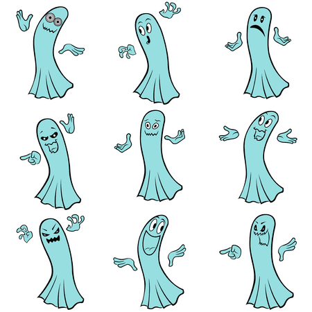 Set of nine blue ghosts with various characters isolated on a white background, cartoon Halloween vector illustrationのイラスト素材