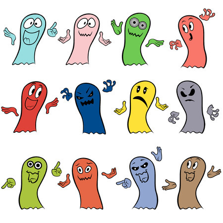 Set of twelve colorful ghosts with various characters isolated on a white background, cartoon Halloween vector illustrationのイラスト素材