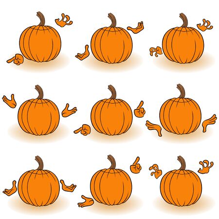 Halloween set of orange pumpkins that gesticulate with hands, view from the back, isolated on the white background cartoon vector illustrationsのイラスト素材