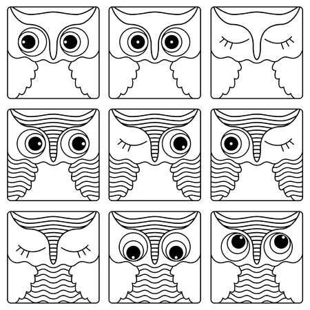 Set of nine amusing owl faces placed in square forms and isolated on a white background, cartoon vector black outlines as iconsのイラスト素材