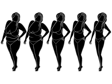 Five stages of abstract woman on the way to lose weight, black and white vector silhouettes isolated on white backgroundのイラスト素材