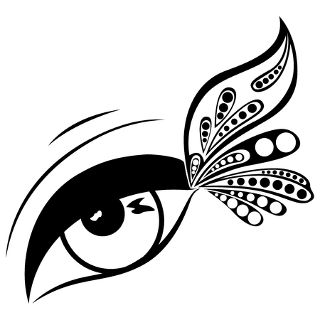 Human eye with patterned butterfly wing on the outer eye corner, black vector illustration isolated on a white backgroundのイラスト素材