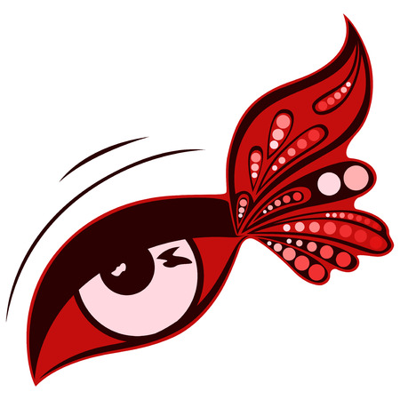 Human eye with colourful patterned butterfly wing on the outer eye corner, vector illustration isolated on a white backgroundのイラスト素材