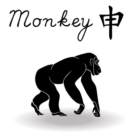 Chinese Zodiac Sign Monkey, Fixed Element Metal, symbol of New Year on the Chinese calendar, hand drawn black vector stencil isolated on a white backgroundのイラスト素材