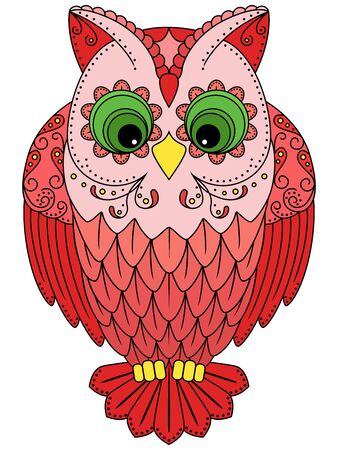 Colourful big red owl, ornamental vector illustration with ethnic motifs isolated on a white backgroundのイラスト素材
