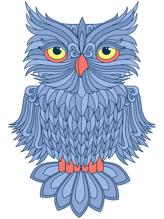 Amusing big blue owl with yellow eyes isolated on the white background, cartoon artworkのイラスト素材