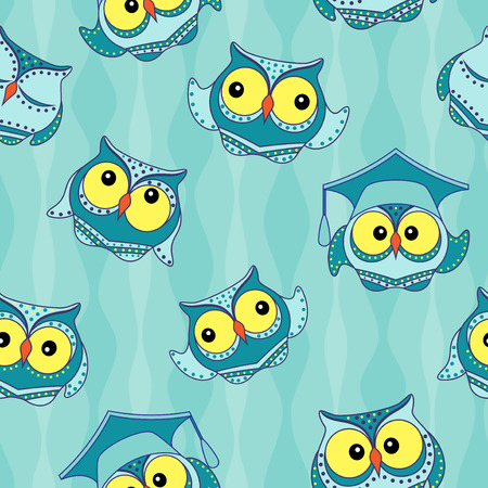 Amusing blue owls with big yellow eyes on the light blue wavy background, seamless vector patternのイラスト素材