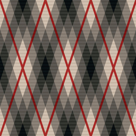 Rhombic seamless vector fabric pattern in gray color with soft muted hues and with red lines