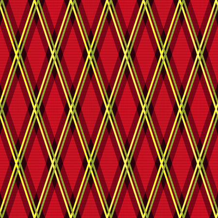 Rhombic seamless vector fabric pattern mainly in red color with green and yellow linesのイラスト素材
