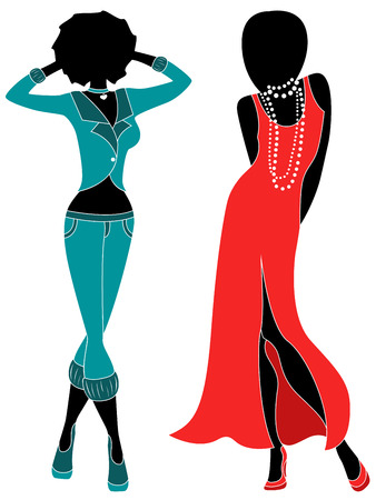 Attractive graceful ladies in dull turquoise and red dress, hand drawing stylized illustrationのイラスト素材