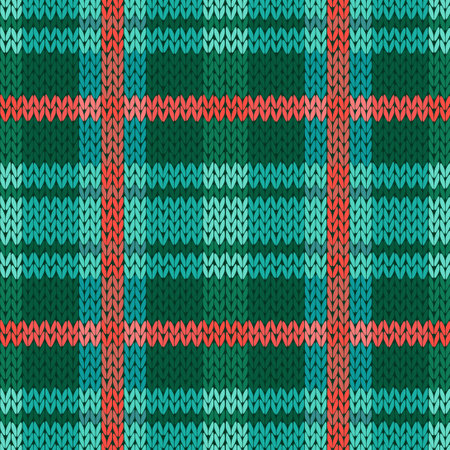 Seamless vector pattern as a woollen Celtic tartan plaid or a knitted fabric texture in green, turquoise and terracotta colorsのイラスト素材