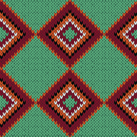 Knitting seamless vector pattern with quadrate ornamental chains as a knitted fabric texture in warm colors over over green backgroundのイラスト素材