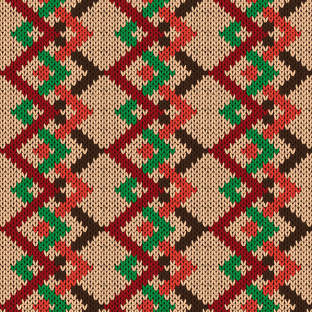 Seamless knitting vector blanket with zigzag ornamental chains as a knitted fabric texture in beige, brown, red and green colorsのイラスト素材