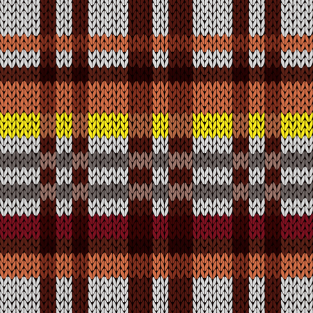 Knitting seamless vector pattern with perpendicular lines as a knitted fabric texture in brown, red, yellow, and grey huesのイラスト素材