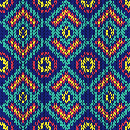 Ornamental ethnic motley knitting seamless vector pattern as a knitted fabric texture in blue, cyan, red and yellow colorsのイラスト素材