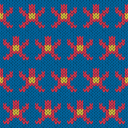 Abstract knitting ornamental seamless vector pattern with geometric color figures over blue as a knitted fabric textureのイラスト素材