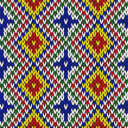 Seamless knitting geometrical colourful vector pattern in yellow, orange, green, blue, red and white colors as a knitted fabric textureのイラスト素材
