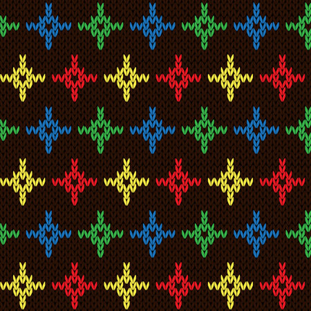 Seamless knitting geometrical vector pattern with color crosses over dark brown background as a knitted fabric textureのイラスト素材