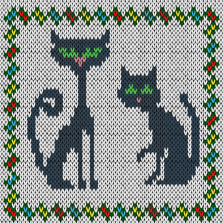 Knitting childish fabric vector pattern with two grey cats and with ornamental colourful frameのイラスト素材