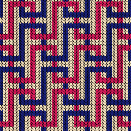 Interlacing geometric lines in pink and blue colors over white background, seamless knitting  pattern as a fabric textureのイラスト素材