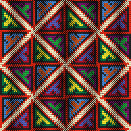 Knitted geometric motley background in red, orange, yellow, green, blue, magenta and white colours, seamless knitting vector pattern as a fabric textureのイラスト素材