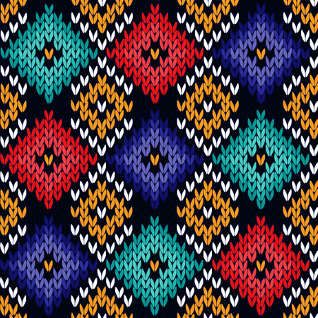 Checkered quadratic multicolor knitted background, seamless knitting vector pattern as a fabric textureのイラスト素材