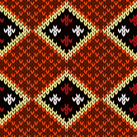 Rhombus checkered knitted background in white and in warm colors, seamless knitting vector pattern as a fabric textureのイラスト素材